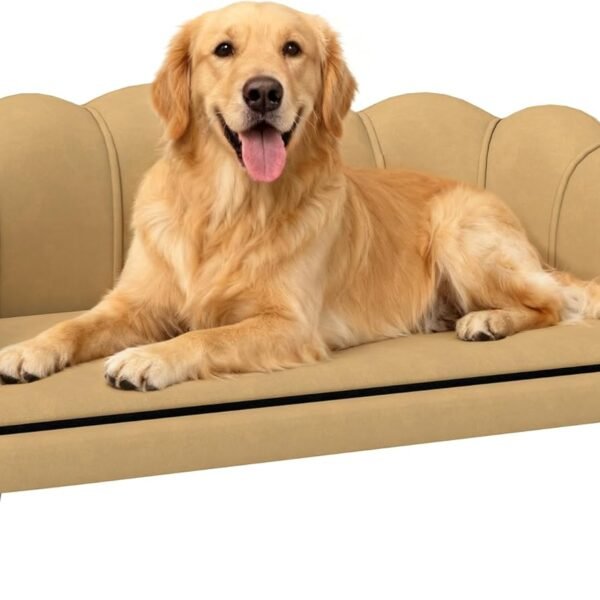 Velvet Large Dog Couch with Foam Cushion, Soft and Cute Dog Bed with Pearl Design, Pet Sofa for Big and Medium Breeds, Coffee