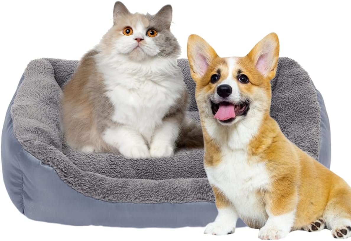 Square Dog Bed Mattress Washable Kennel, Soft Plush Faux Fur Rectangle Sleeping Pet Bed for Small Medium Large Dogs Cats Puppy Pets, with Anti-Slip Waterproof Bottom (Grey)