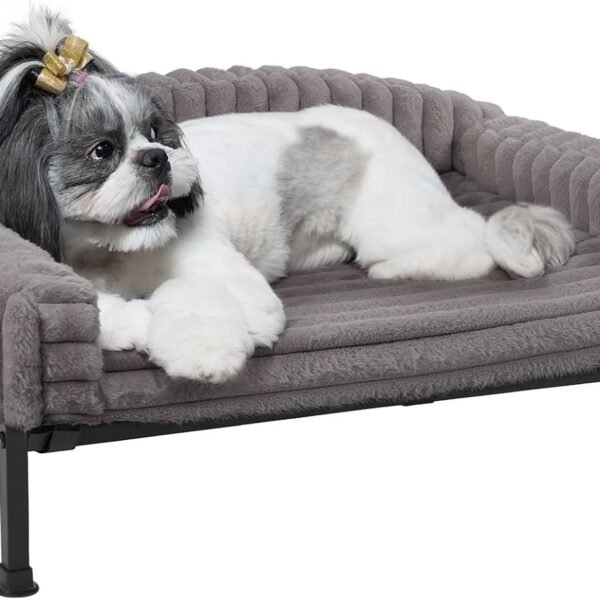 Elevated Dog Bed with Bolster Cushion, Fluffy Plush Dog Couch Beds for Small Dogs, Cats, Washable Raised Pet Cot with Non-Slip Feet for Indoor or Patios Use, 30 x 20 Inches, Grey