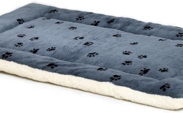 XS  Reversible Paw Print Pet Bed, Soft Faux Fur & Fleece 22-Inch Crate Mat for Small Dogs & Cats, Machine Washable, Blue and Cream