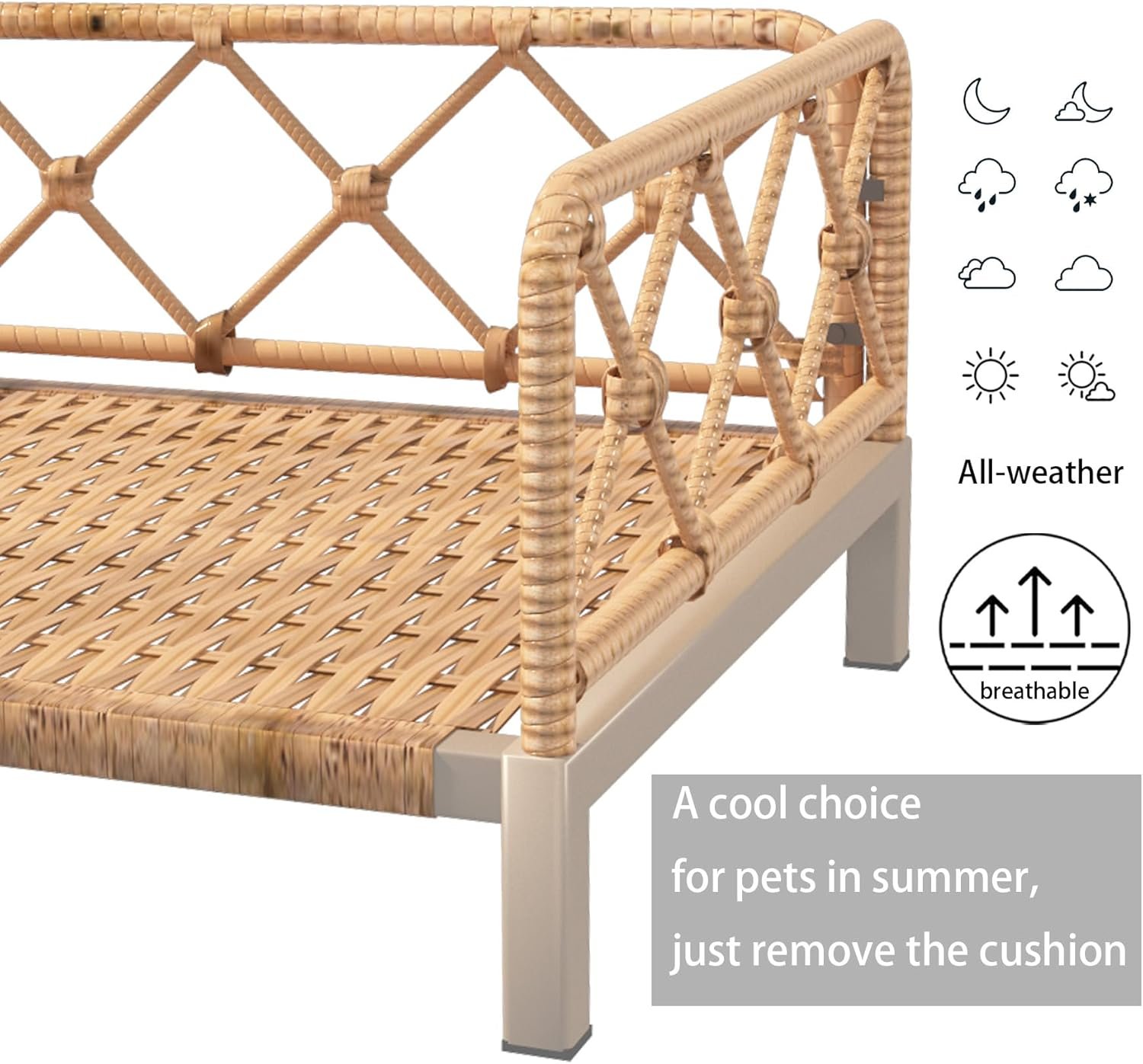 Wicker Dog Bed with 2" Cushion,Rattan Dog Sofa Bed for Small Medium Dogs– Indoor/Outdoor Metal Frame Pet Bed up 66lbs (Brown Rattan Brown Cushion) - Image 2