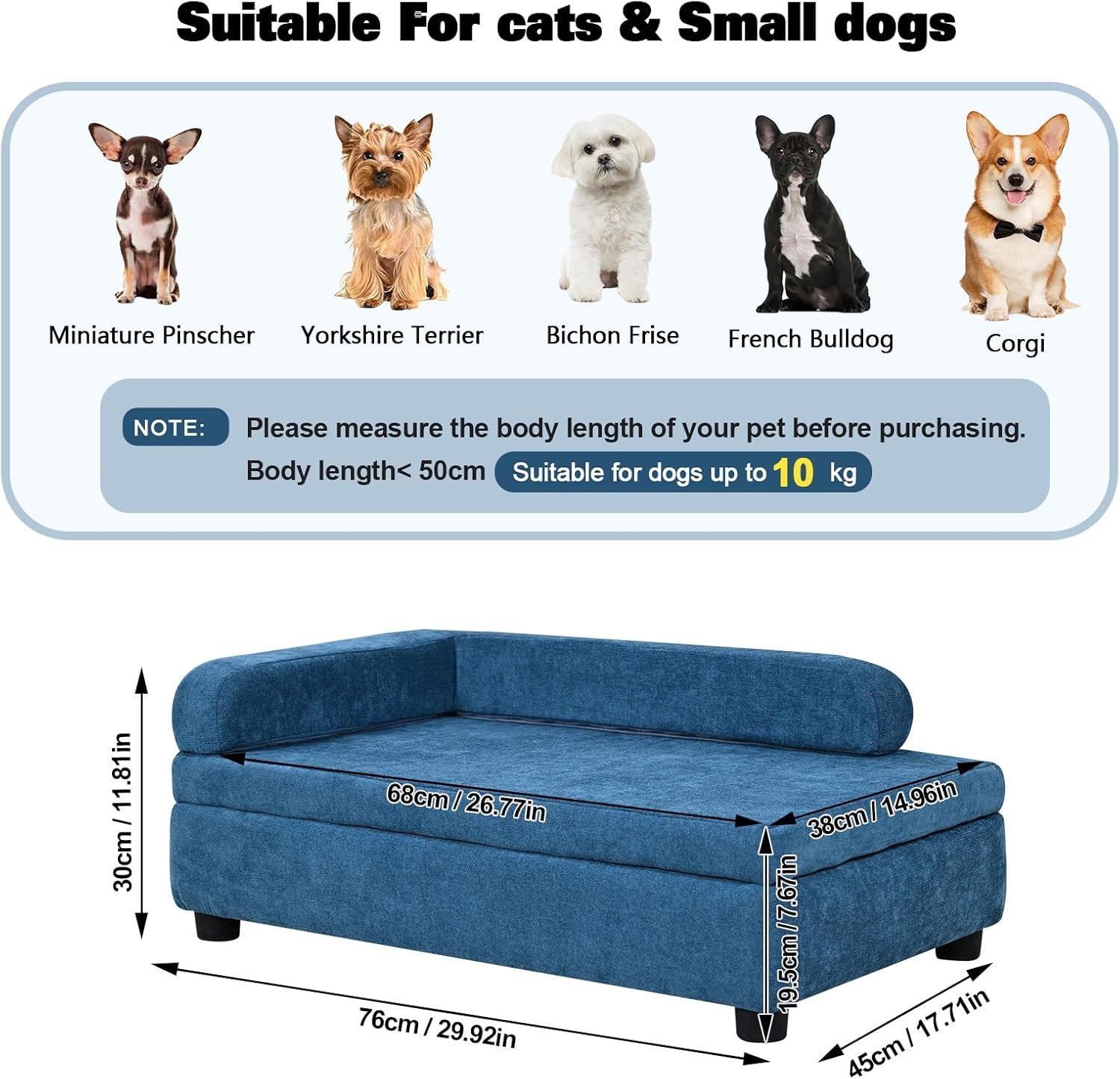 Pet Sofa with Hidden Storage for Puppy and Cat,Linen Fabric Dog Sofa,Cat Couch with Wooden Frame (Blue) - Image 2