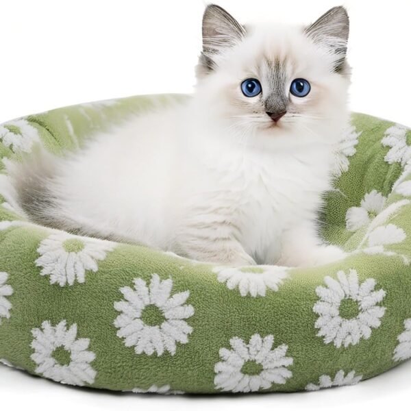 Donut Dog Bed for Small Dogs 20 Inch Round Cat Beds for Indoor Cats Circle Cuddler Pet Bed Fluffy Warm Puppy Bed Removable Washable Cover Anti-Slip Bottom, Green Flower