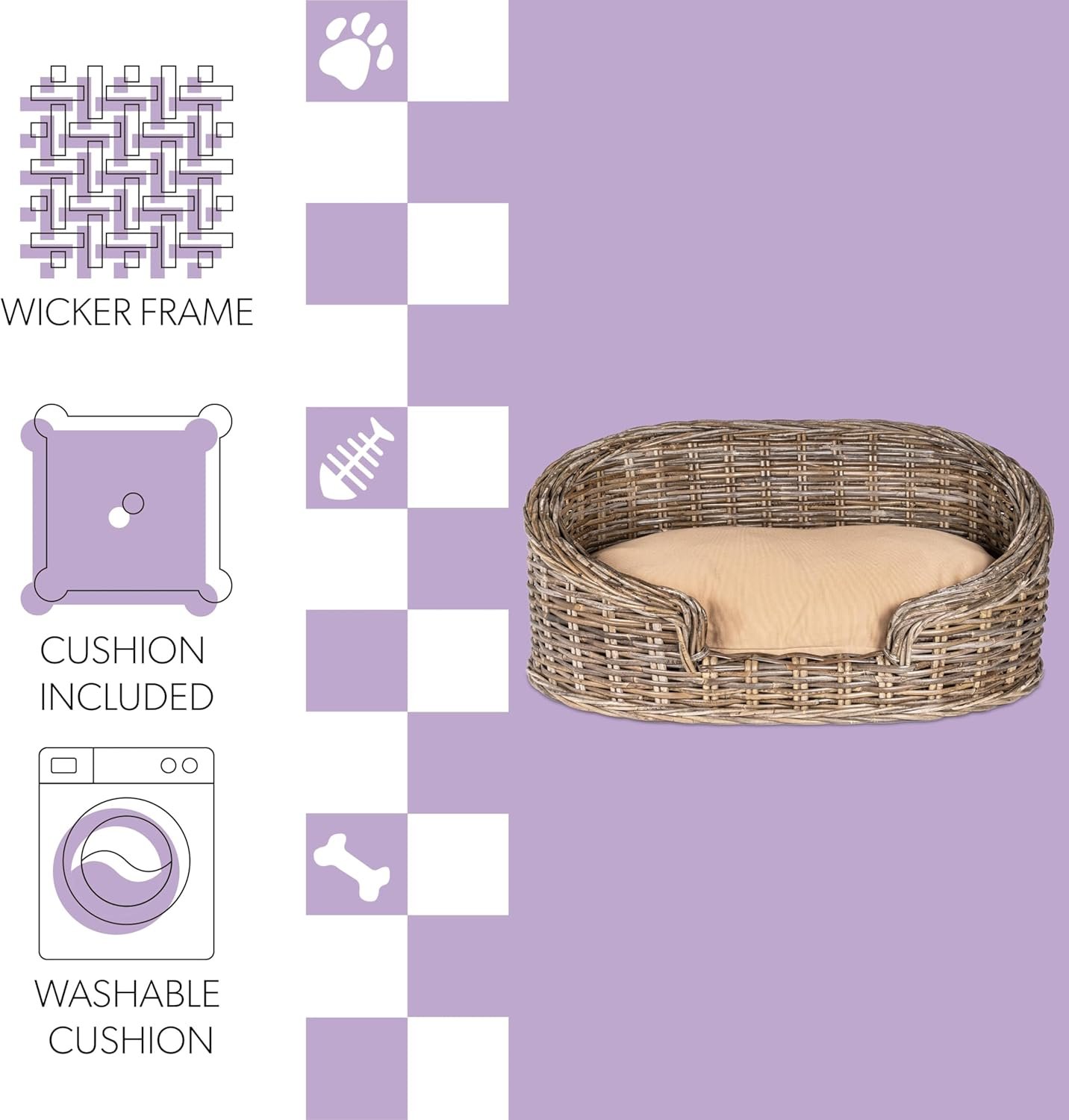 Elevated 27.5" x 17" Bohemian Handwoven Rattan Dog Daybed with Machine-Washable Cushion, Natural - Image 2