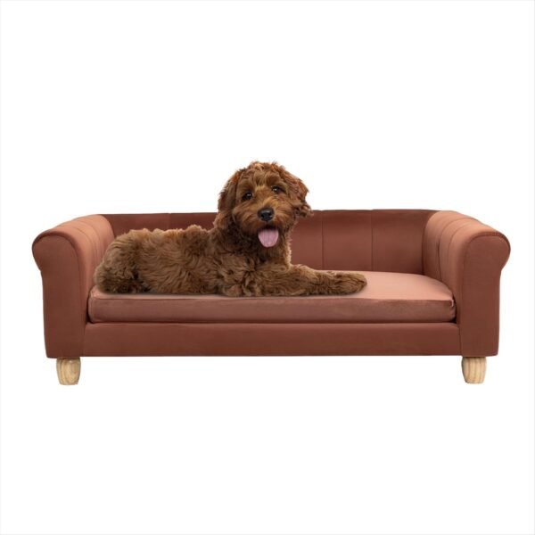 42-in. Elegant Brown Faux-Velvet Rectangular Dog Sofa for Medium and Large Dogs, Elevated Plush Dog Couch