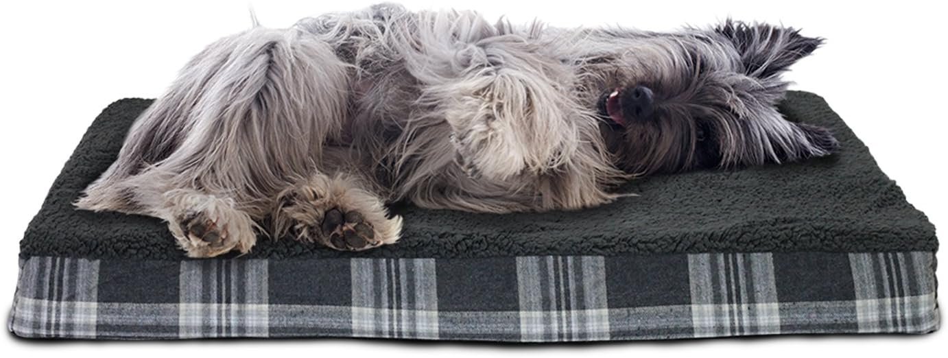 Pet Dog Bed - Deluxe Orthopedic Mat Terry & Plaid Flannel Traditional Foam Mattress Pet Bed w/Removable Cover for Dogs & Cats, Smoke Gray, Medium