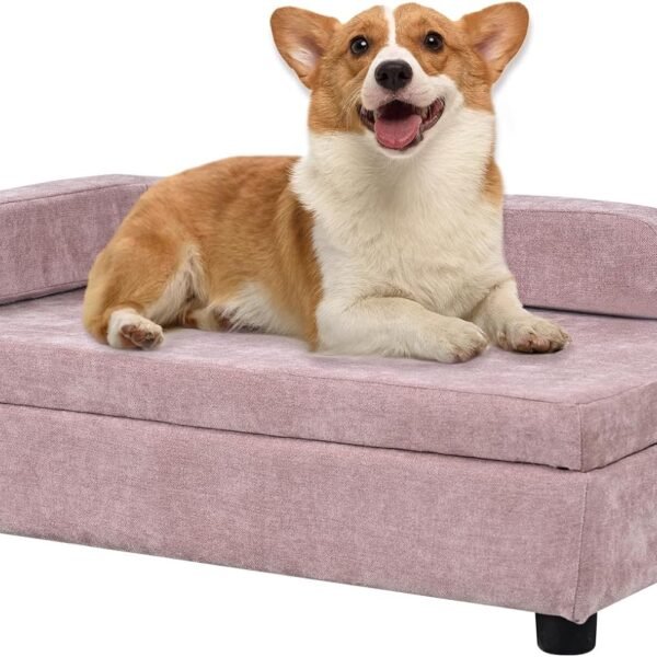 Pet Sofa with Hidden Storage for Puppy and Cat,Linen Fabric Dog Sofa,Cat Couch with Wooden Frame (Pink)