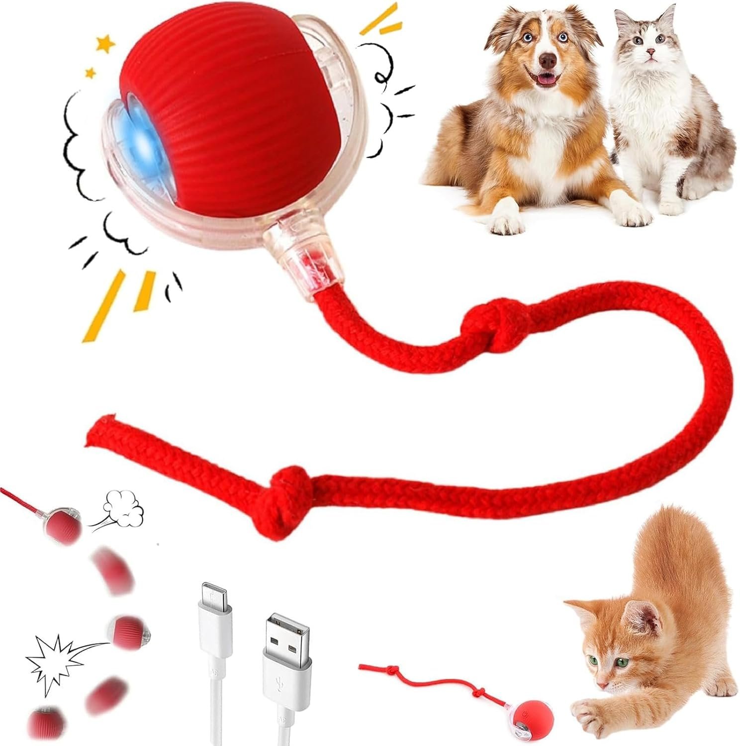 Interactive Electric Automatic Rolling Moving Rechargeable Self Play Stimulation Toy,Smart Pet Chase Ball with Speedy Tail Rope for Bored Indoor Cats Enrichment,stimulating Dogs Toy Small Dogs (Red)