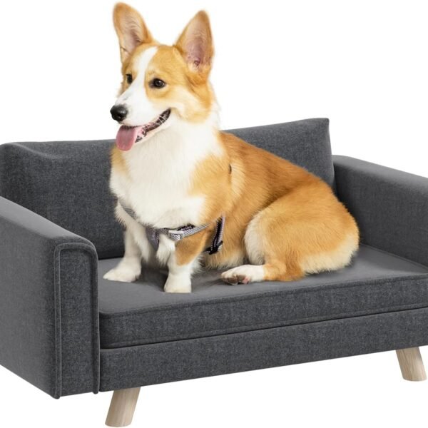 Raised Dog Sofa, Elevated Pet Sofa for Small and Medium Dogs with Removable Seat and Back Cushions, Anti-Slip Pads, Gray