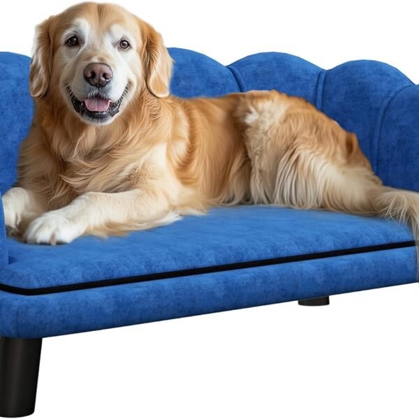 Velvet Large Dog Couch with Foam Cushion, Soft and Cute Bed with Pearl Design, Sofa for Big and Medium Dogs, Dark Blue
