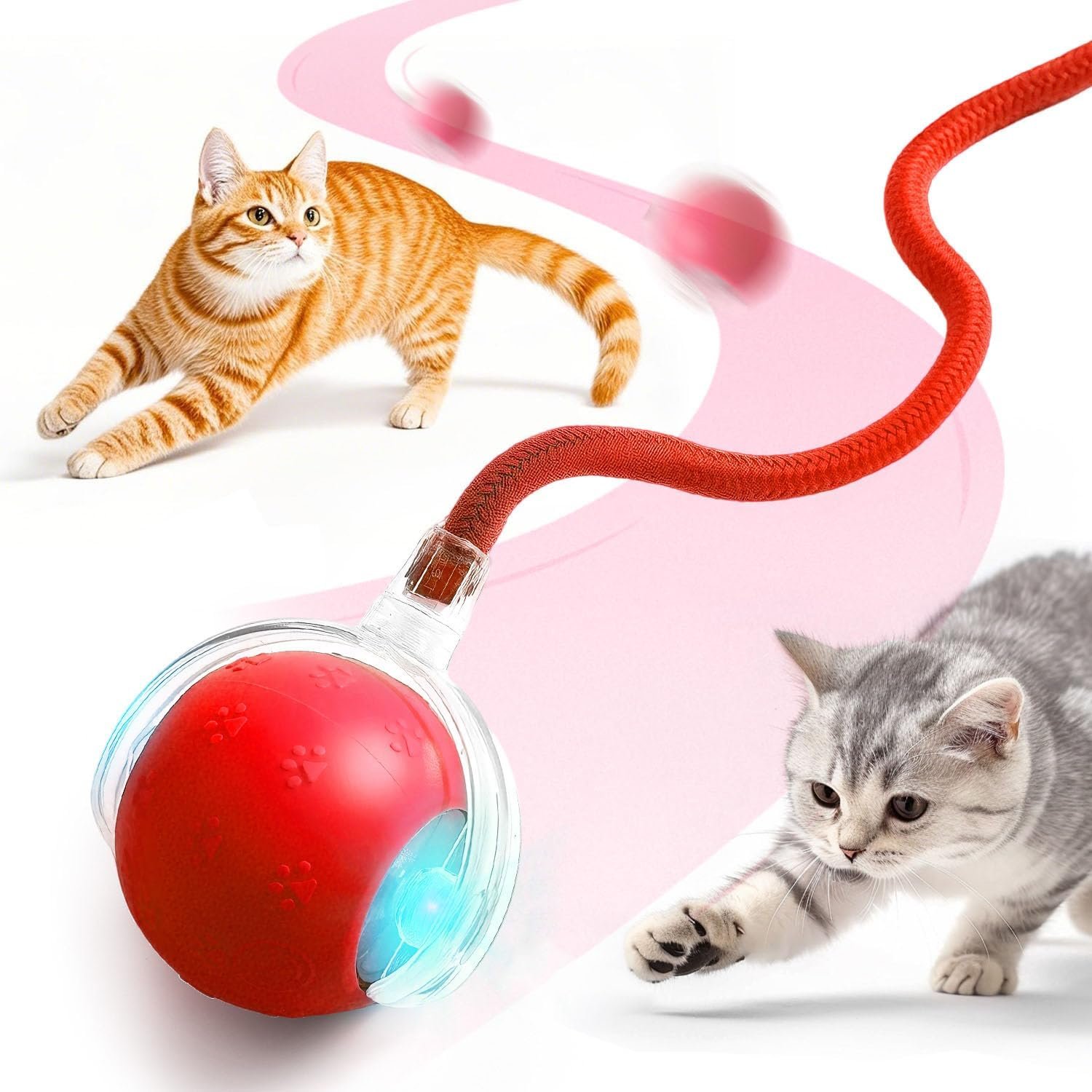 Interactive Cat Toy Ball 2.0, Upgraded Interactive Electric Rolling Ball with Teasing Tail, Moving Cat Toy for Bored Indoor Adult Cats with 3 Modes (Red)