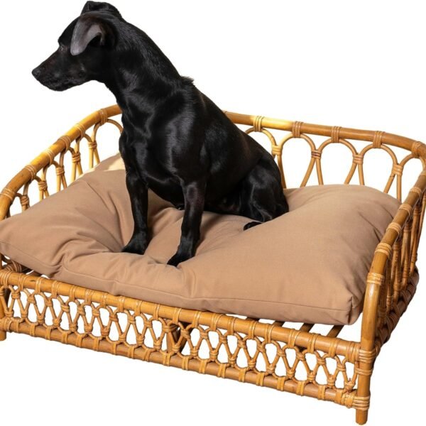 Elevated 27.5" x 17" Bohemian Handwoven Rattan Dog Daybed with Machine-Washable Cushion, Natural
