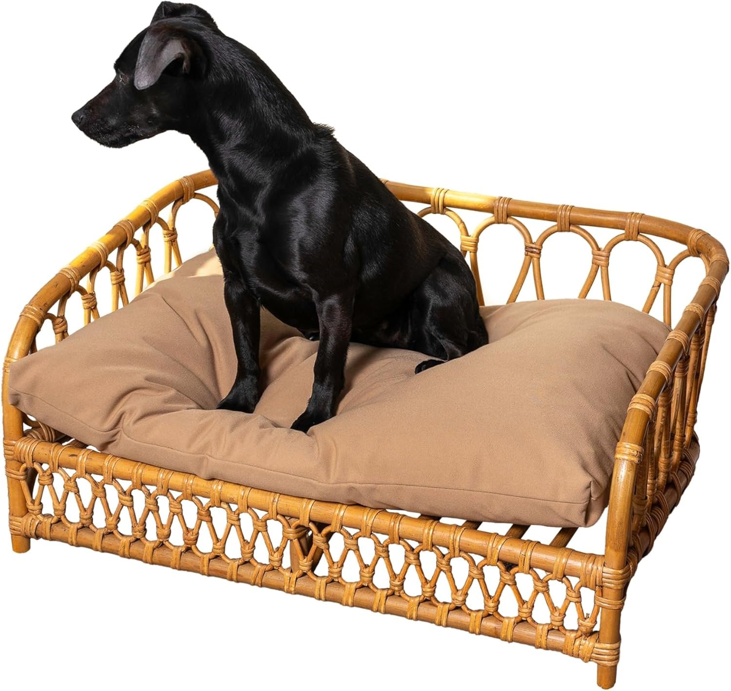 Elevated 27.5" x 17" Bohemian Handwoven Rattan Dog Daybed with Machine-Washable Cushion, Natural