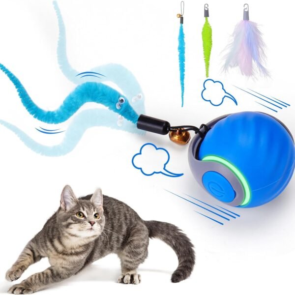 Interactive Cat Toy Ball - Automatic Interactive Cat Toys for Indoor Cats with 3 Tails, 2 Speeds Rechargeable Cat Enrichment Toys for Small/Medium/Large Cats to Keep Them Busy(Blue)