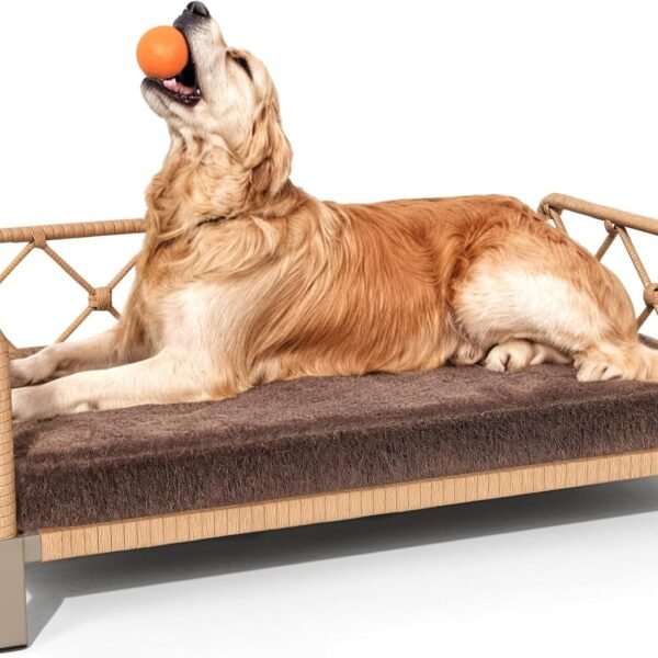Dog Bed with Cushion, Cooling Elevated Raised Beds with Rattan Breathable Mesh and Universal Mat, Indoor & Outdoor Pet Cots for Large Dog, Brown