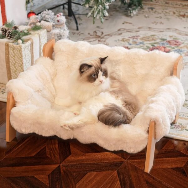 Elevated Cat Couch Bed for Indoor Cats, Wooden Cat Sofa with Removable Washable Fluffy Cover Raised Kitty Lounge Chair Suitable for Puppy(Cat Sofa Off-White)