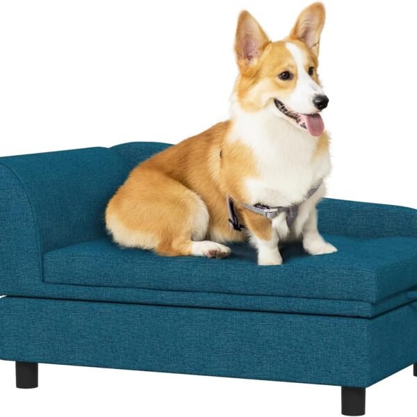Pet Sofa, Dog Couch, Elevated Pet Bed for Small Dogs, with Hidden Storage, Soft Tufted Cushion, Dark Blue