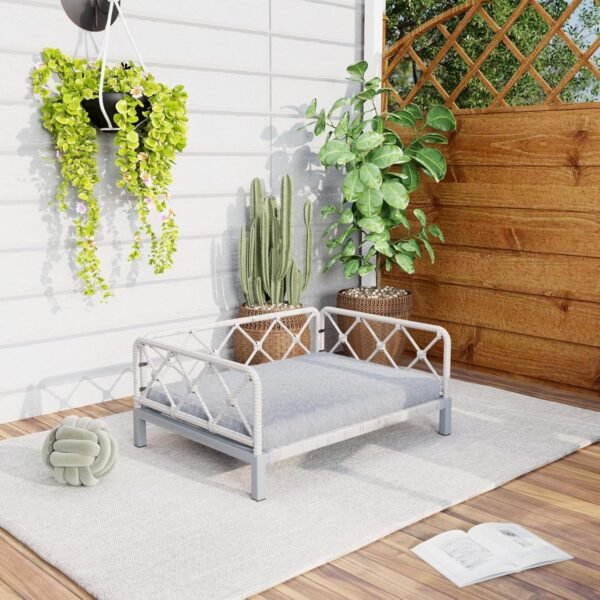 Elevated Indoor & Outdoor Dog Bed for Small Dogs, Durable Rattan Wicker Pet Sofa with Removable Washable Waterproof Cushion, Stylish Dog Couch, White Rattan/Grey Mat