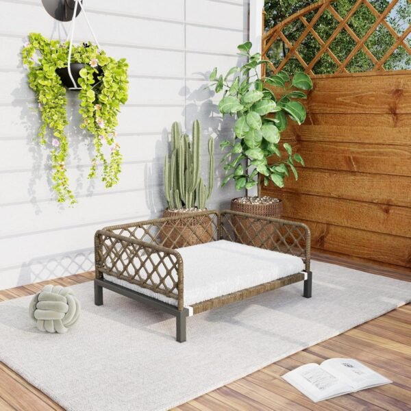 Outdoor Wicker Dog Bed Indoor Rattan Dog Sofa with Soft Cushion (Brown Wicker/White Cushion, Small)