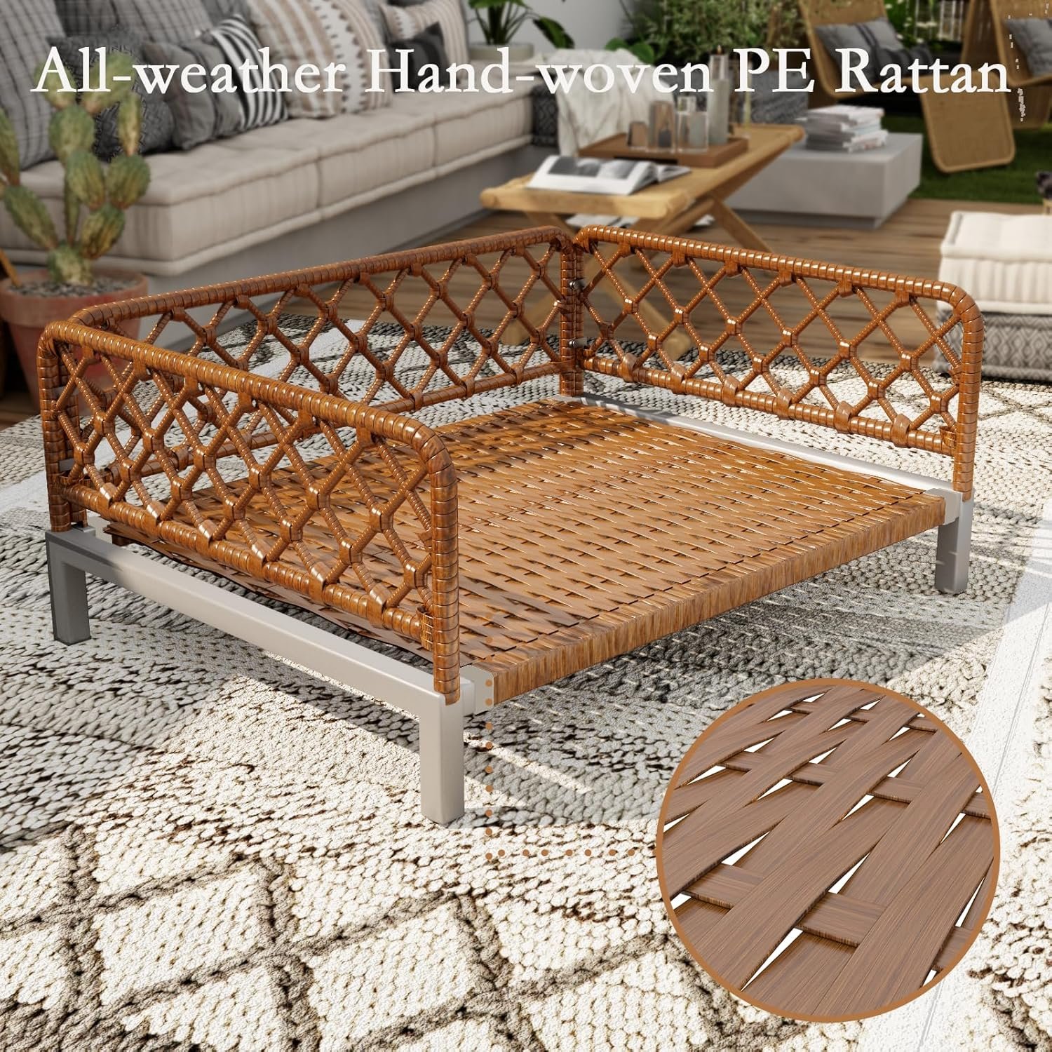 Small Dog Bed, Waterproof Elevated Dog Couch with Washable Removable White Cushion, Boho Rattan Dark Brown Wicker Orthopedic Pet Sofa for Outdoor, Indoor - Image 2